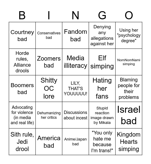 Lily Orchard Bingo Card