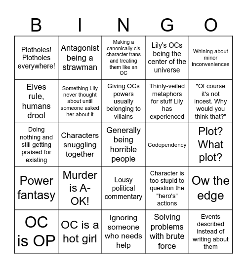 Lily Orchard OC Bingo Card