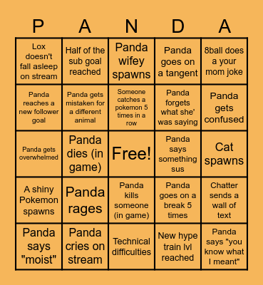 Panda's Subathon Bingo Card