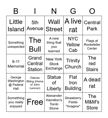 NYC Selfie Bingo Card