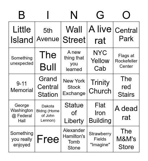 NYC Selfie Bingo Card