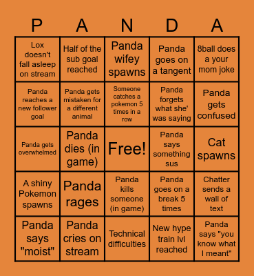 Panda's Subathon Bingo Card