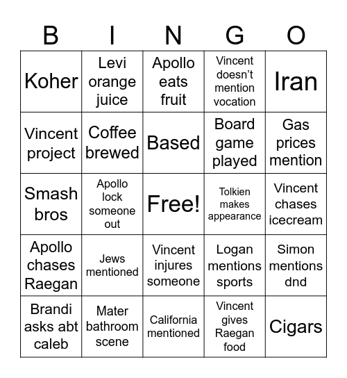 Zandi visit bingo Card