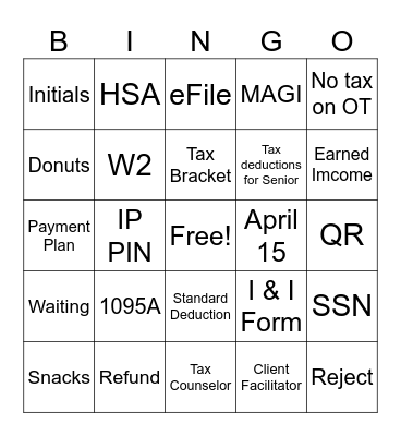 Regency Tax Aide Bingo Card