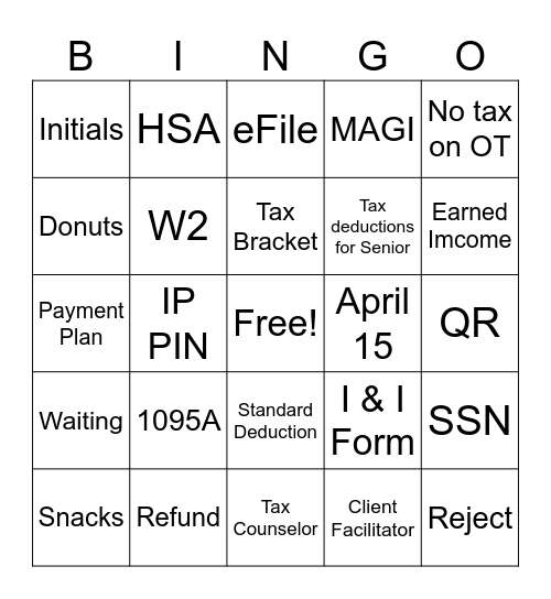 Regency Tax Aide Bingo Card