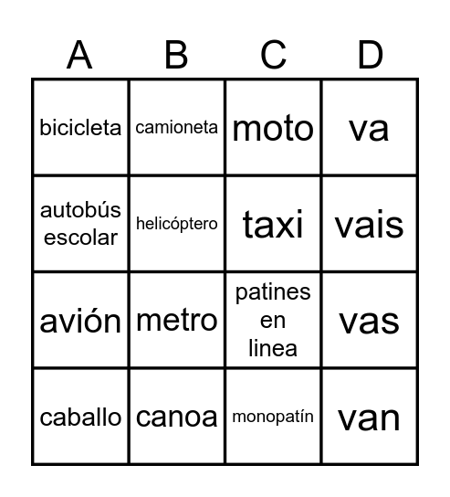 Transportation Bingo Card