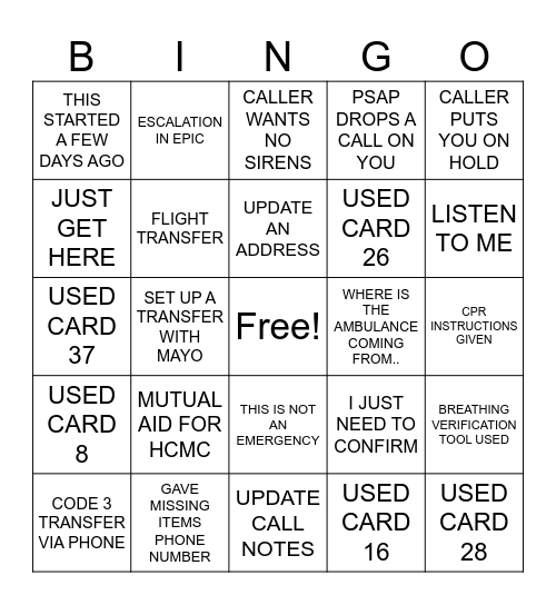CALL TAKER Bingo Card