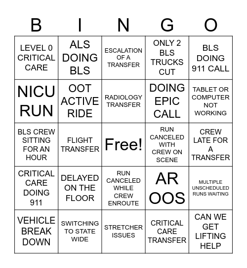 INTERFACILITY Bingo Card