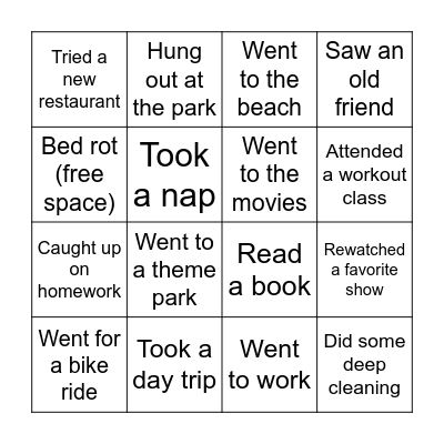Spring Break Bingo Card
