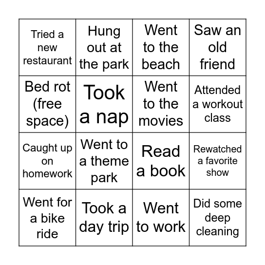 Spring Break Bingo Card