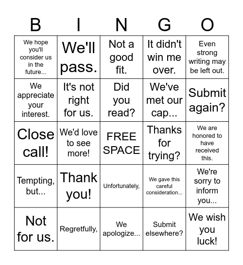 Rejection Wall Bingo Card