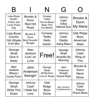 Male Country Bingo Card