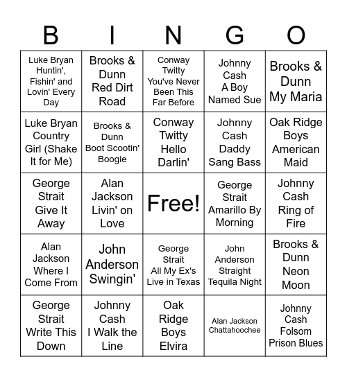 Male Country Bingo Card