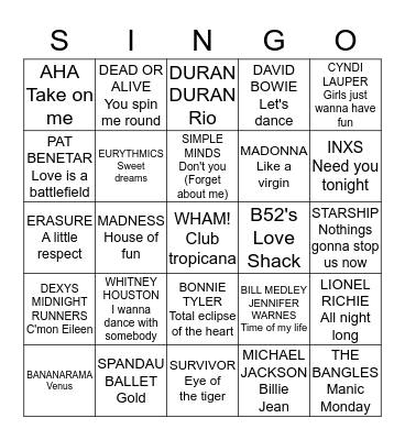 1980's Bingo Card