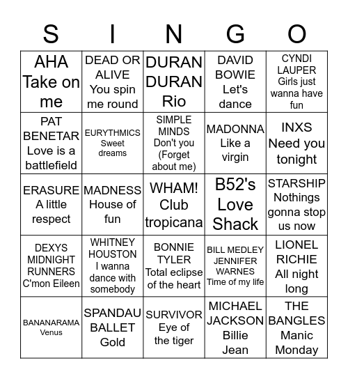 1980's Bingo Card