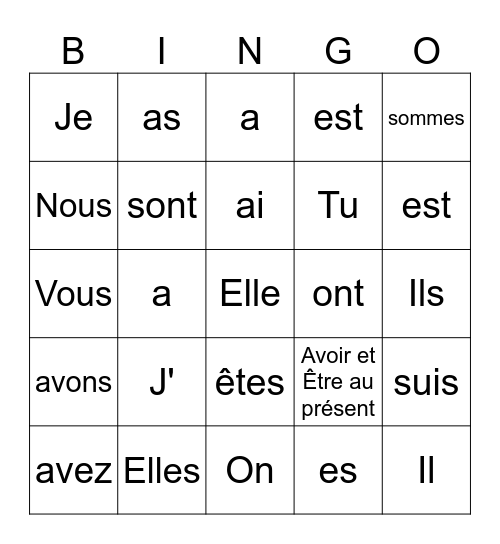 Avoir et Être au présent Bingo Card