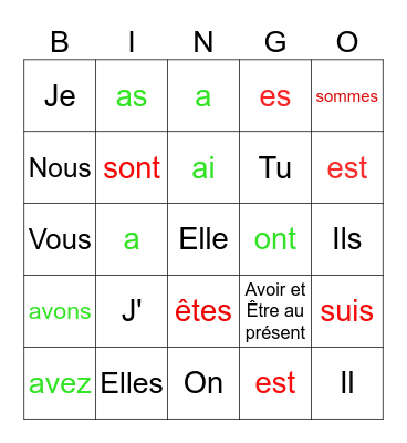 Avoir et Être au présent Bingo Card