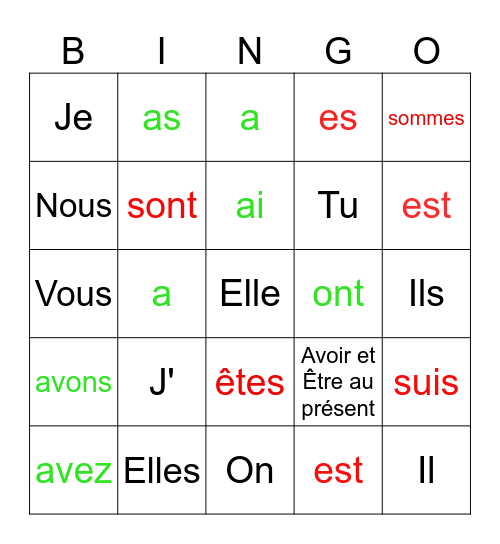 Avoir et Être au présent Bingo Card