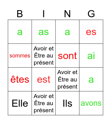 Avoir et Être au présent Bingo Card