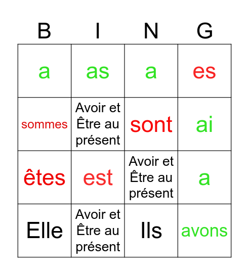 Avoir et Être au présent Bingo Card