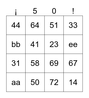 50 Bingo musical Bingo Card