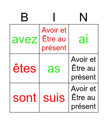 Avoir et Être au présent Bingo Card