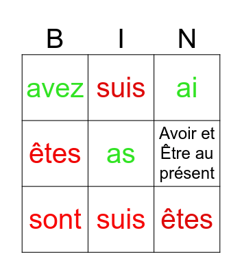 Avoir et Être au présent Bingo Card