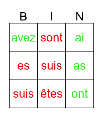Avoir et Être au présent Bingo Card