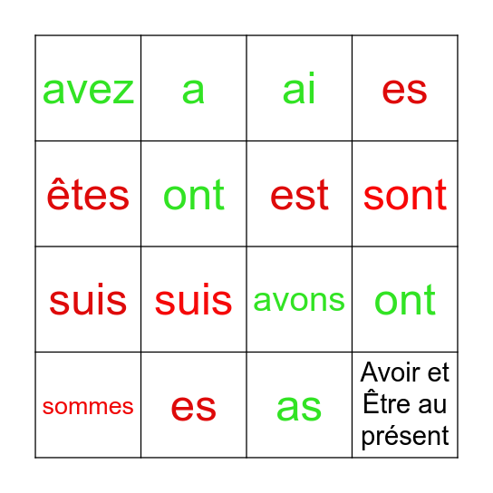 Avoir et Être au présent Bingo Card