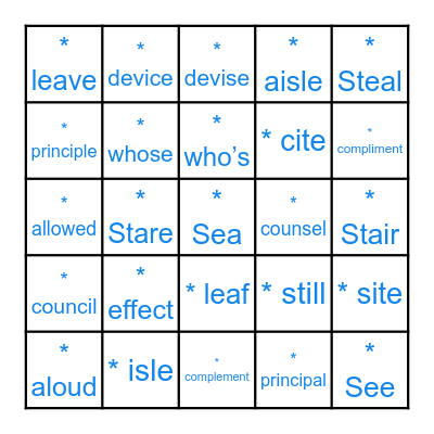 Homophones Bingo Card