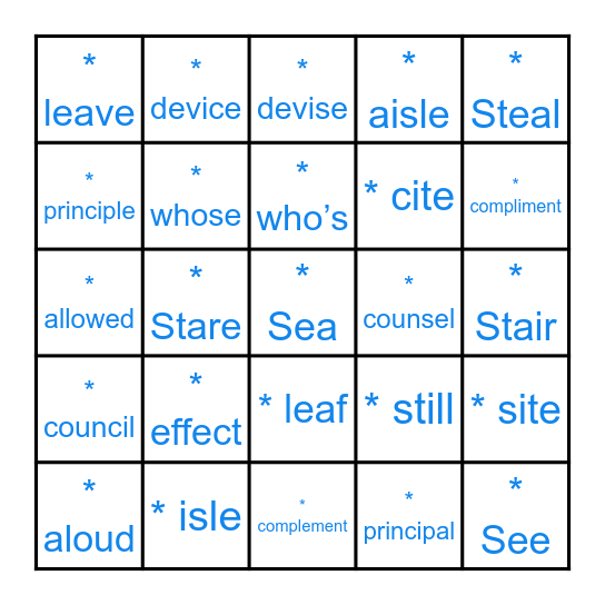Homophones Bingo Card