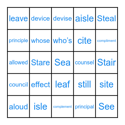 Homophones Bingo Card