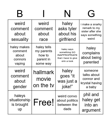 Family Dinner Bingo Card