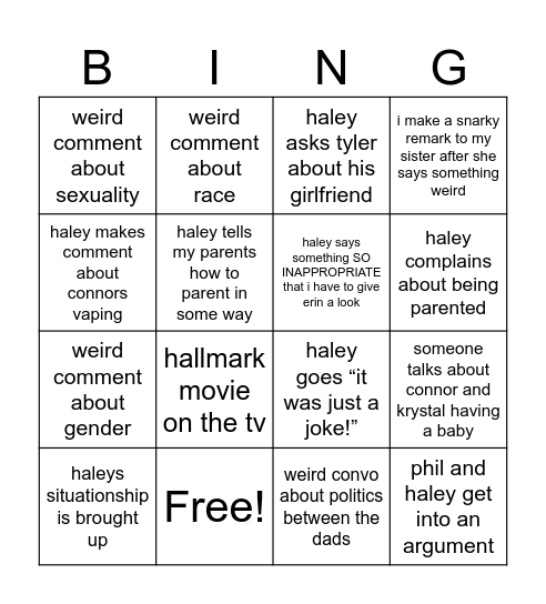 Family Dinner Bingo Card