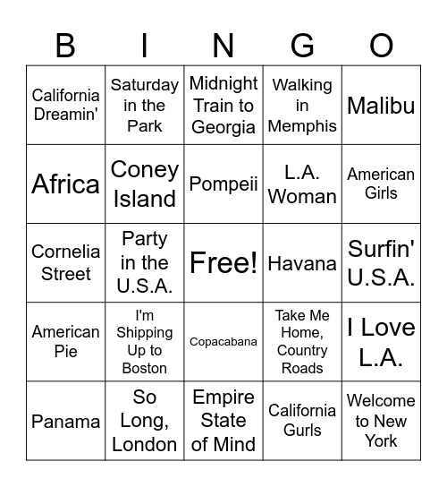 Songs about Locations Bingo Card