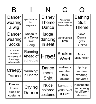 GDA Dance Comp Bingo Card