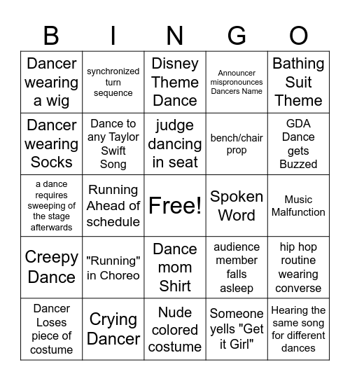 GDA Dance Comp Bingo Card