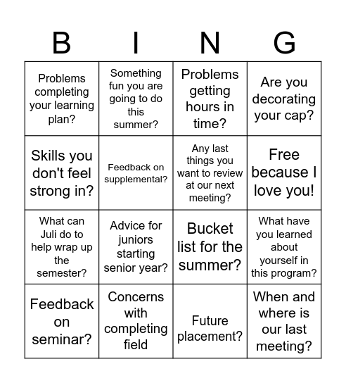 Supplemental 101 Bingo Card