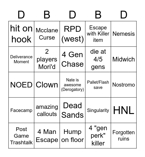 Dead Bingo Daylight Bingo Card