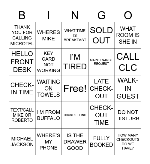 FRONT DESK BINGO Card