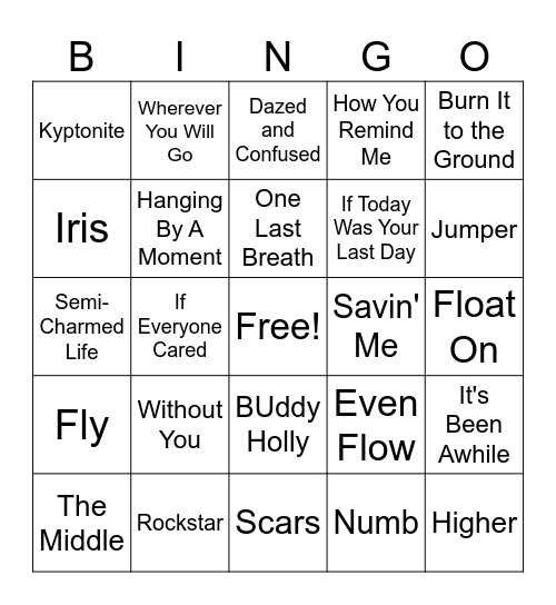 Divorced Dad Rock Bingo Card