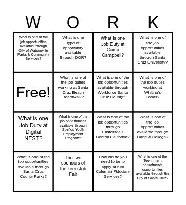 Teen Job Fair Bingo Card