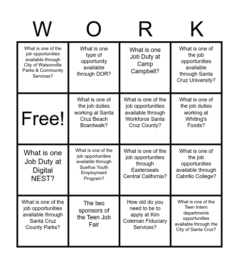 Teen Job Fair Bingo Card