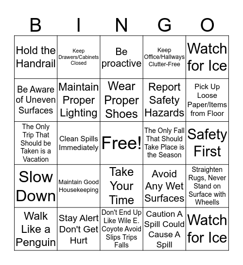 Safety First:  Preventing Slips, Trips, Falls Bingo Card