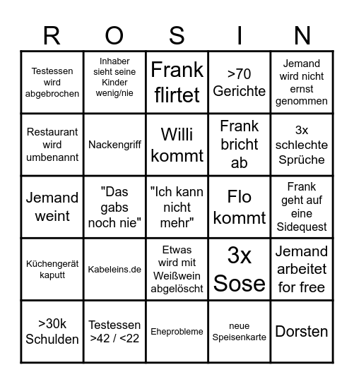 ROSINS RESTAURANTS Bingo Card