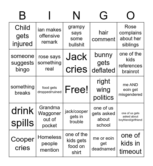 Easter Family Gathering Bingo Card