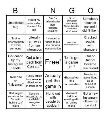 Magic Con Social Interaction Bingo Card