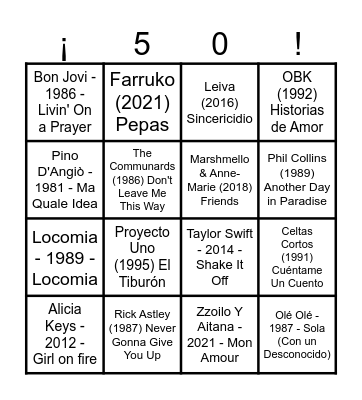 50 Bingo musical Bingo Card