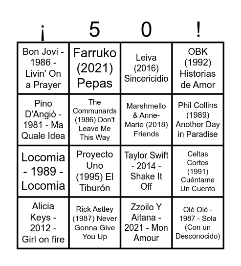 50 Bingo musical Bingo Card