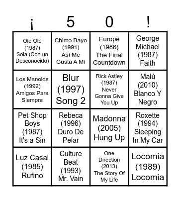50 Bingo musical Bingo Card